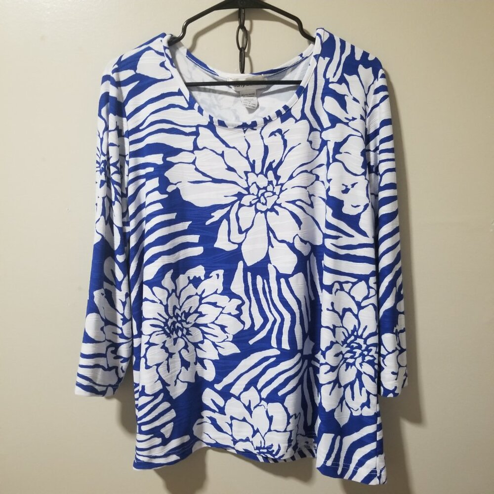 Cathy Daniels Blouse Floral Blue White Women's Large